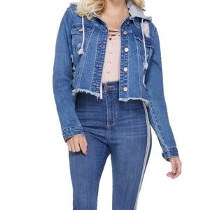 Distressed denim jacket with detachable hood